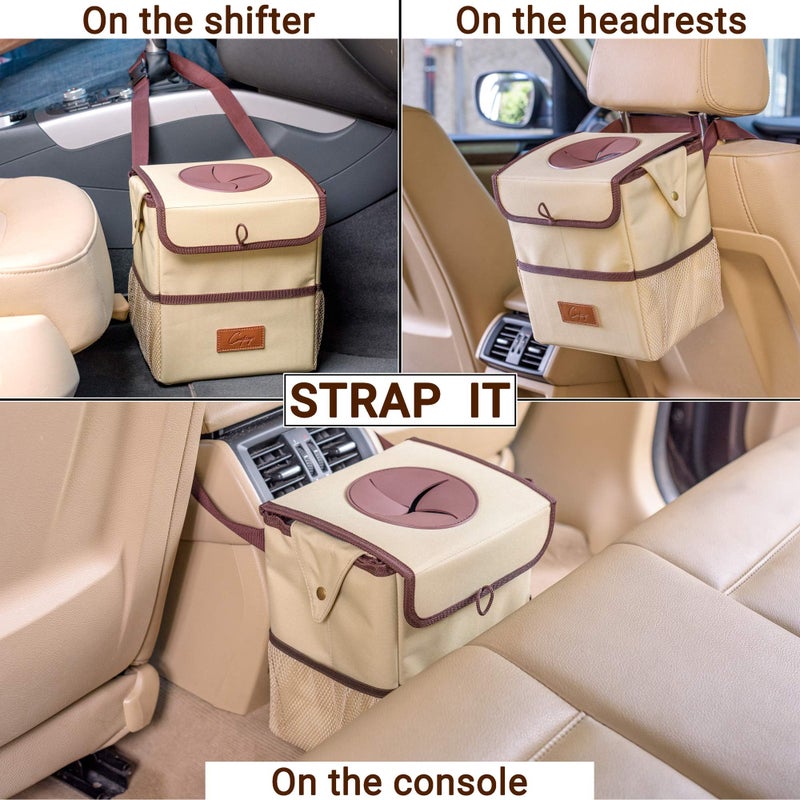 Creathing Car Trash Can [Touring Edition] - Removable Liner - 100% Leakproof, Odor Control Lid, Hanging Garbage Bin for SUV, Truck, Car (2 Gal, Beige) - Image 5